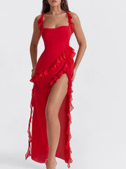 Split Ruffled Square Neck Maxi Dress Red / S