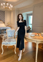 Square Collar Mesh Detail Mermaid Dress