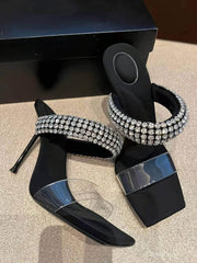 Square Head Rhinestone Detailed Stiletto Heels