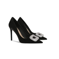 Square Metal Rhinestone Embellished Pump Satin Heels