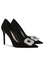 Square Metal Rhinestone Embellished Pump Satin Heels EU 31 / Black / 6CM