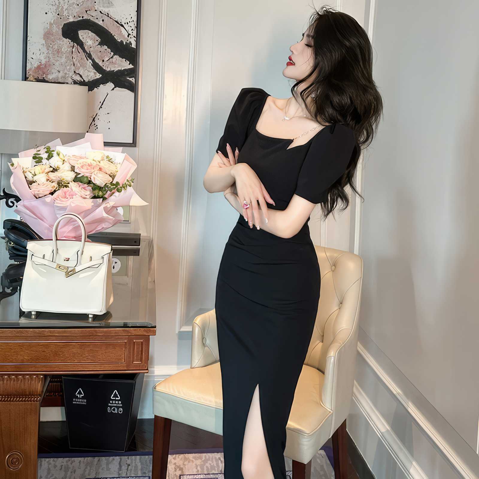 Square Neck Chain Detail Bodycon Dress