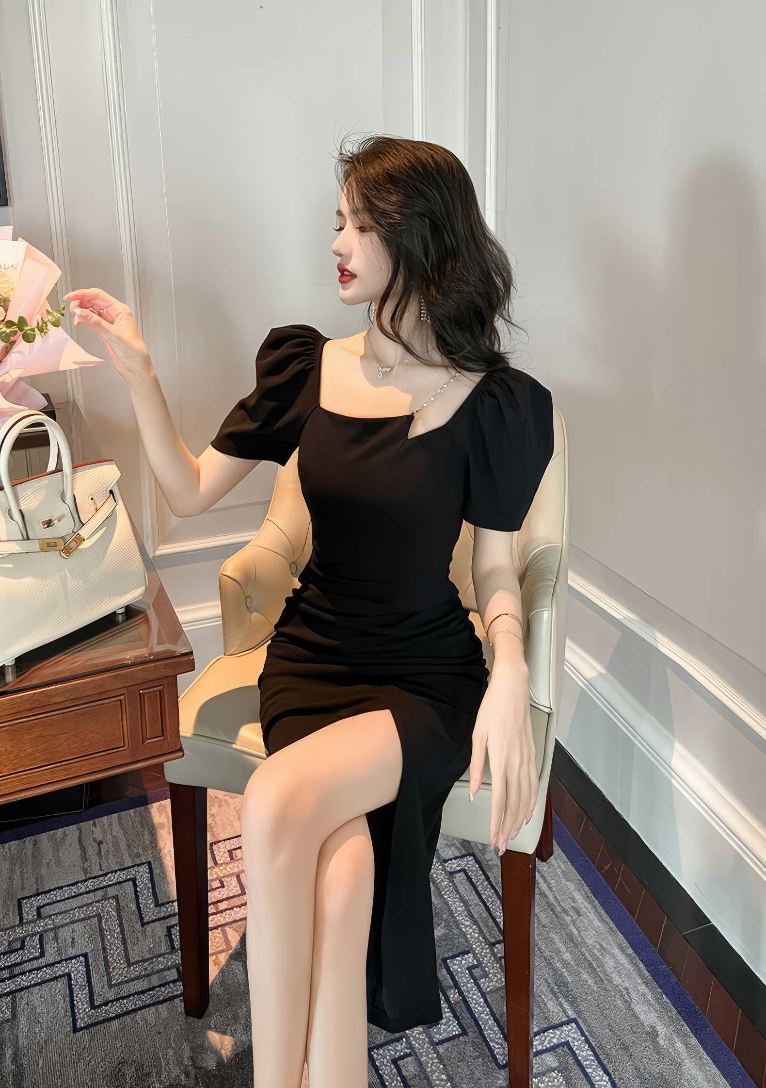Square Neck Chain Detail Bodycon Dress