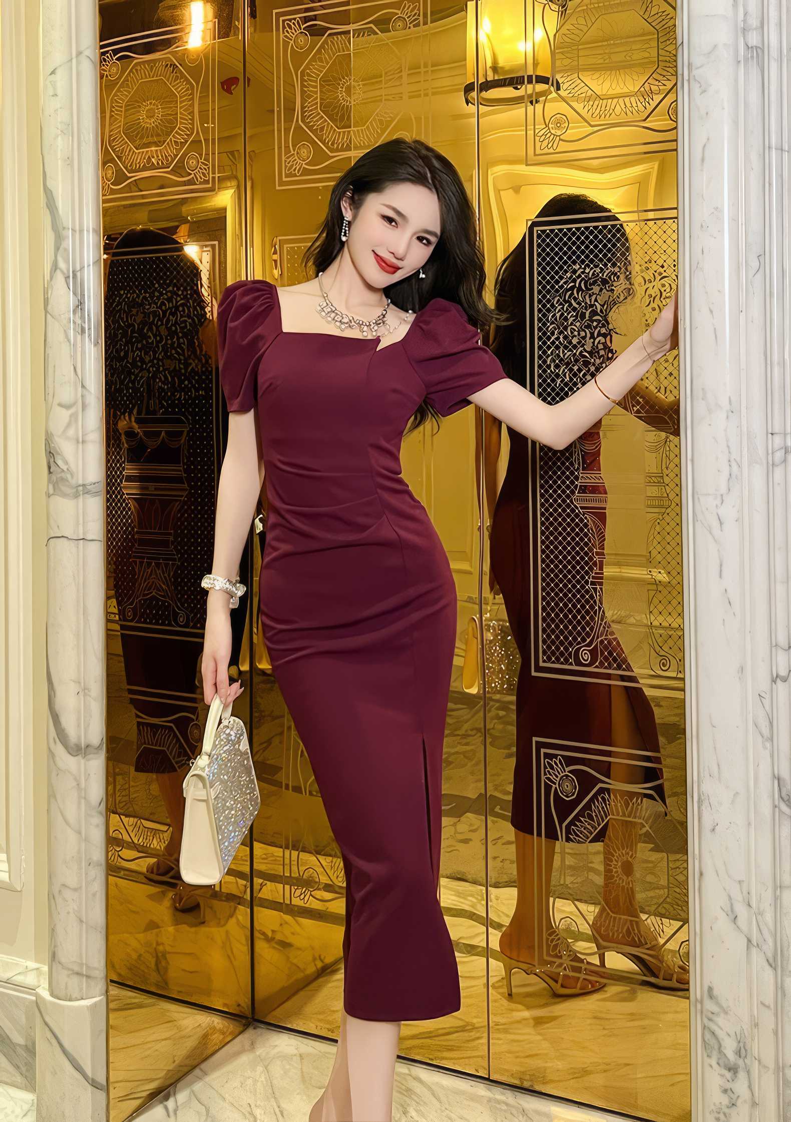 Square Neck Chain Detail Bodycon Dress