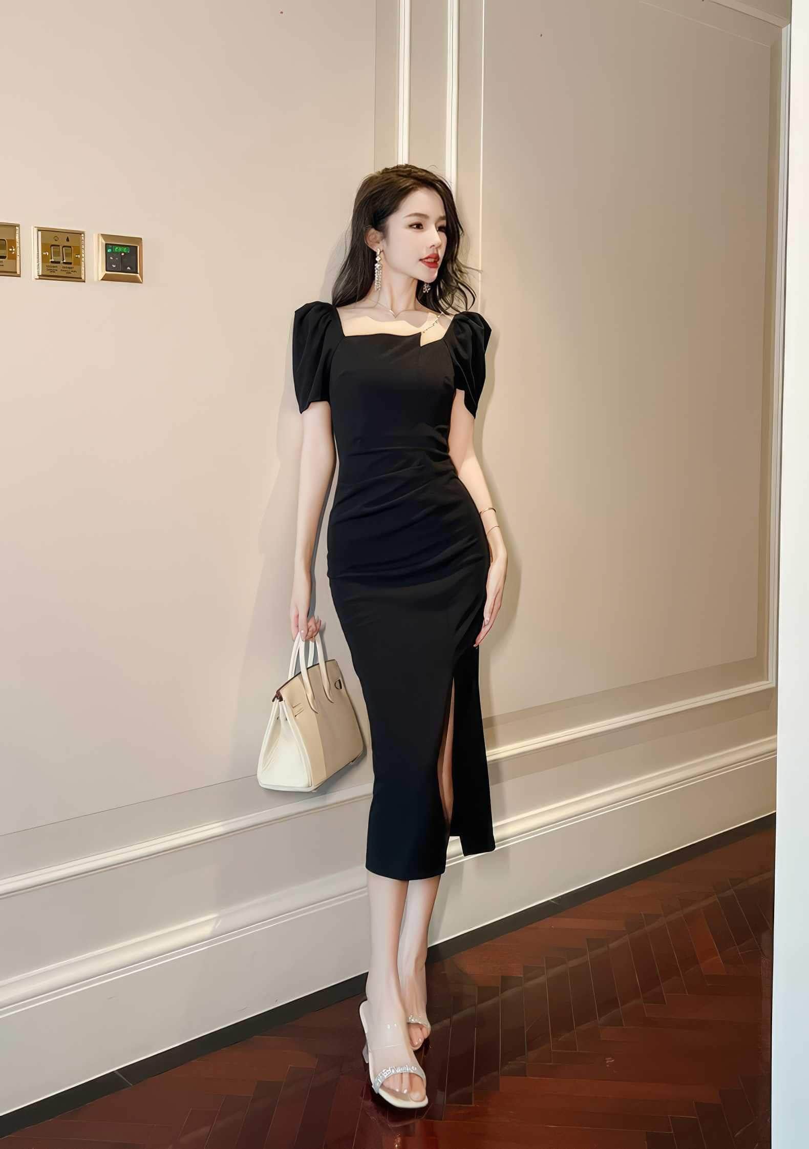 Square Neck Chain Detail Bodycon Dress S / Black