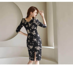 Square Neck Floral Print Slim Fit Midi Dress