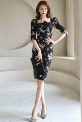 Square Neck Floral Print Slim Fit Midi Dress