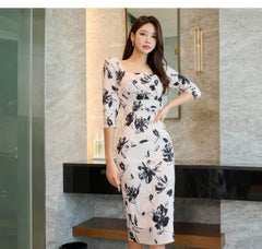 Square Neck Floral Print Slim Fit Midi Dress
