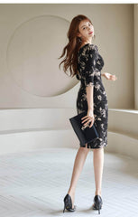 Square Neck Floral Print Slim Fit Midi Dress