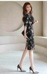 Square Neck Floral Print Slim Fit Midi Dress