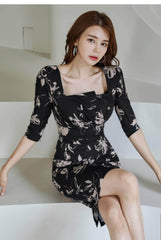 Square Neck Floral Print Slim Fit Midi Dress