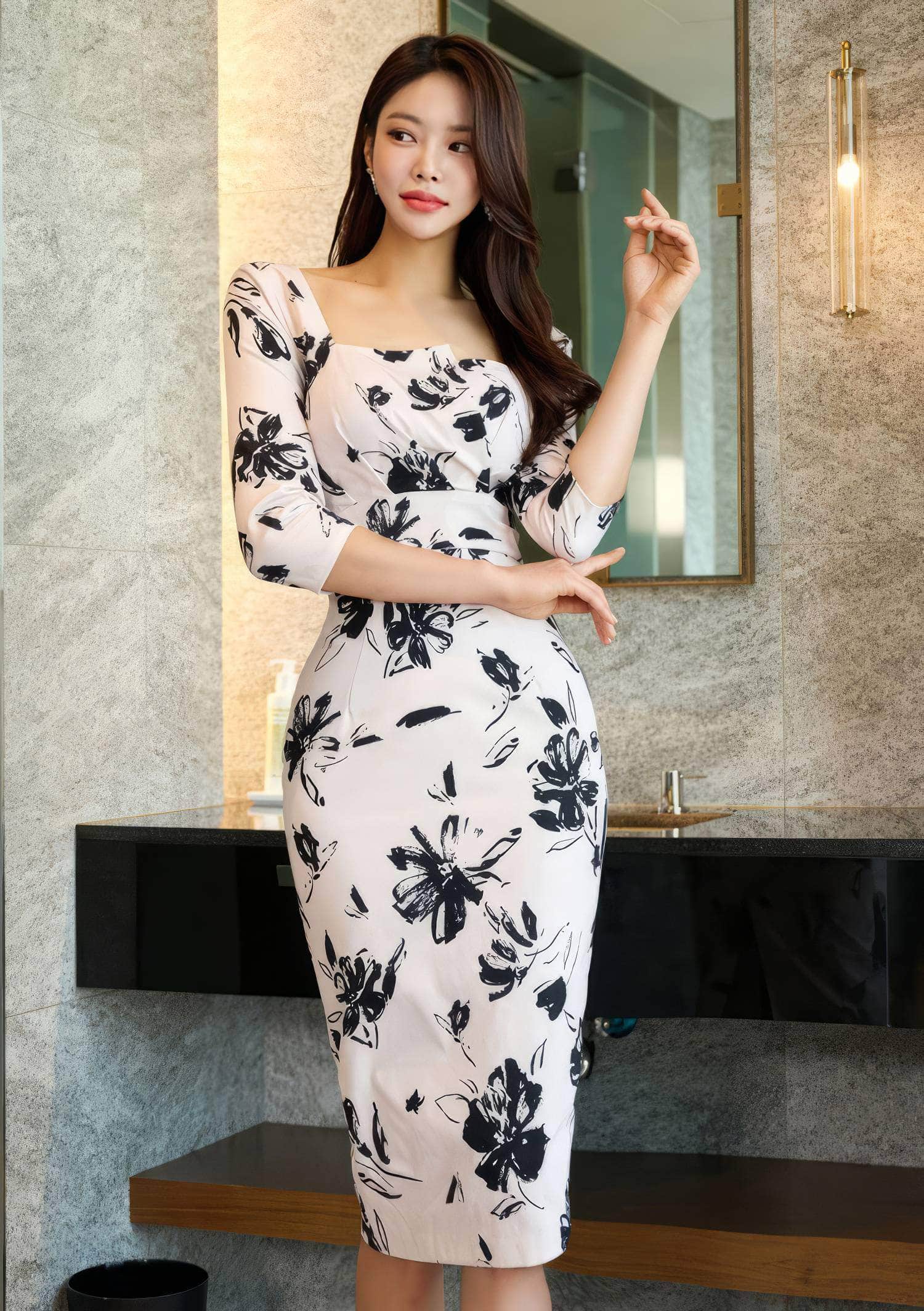 Square Neck Floral Print Slim Fit Midi Dress
