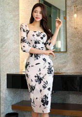Square Neck Floral Print Slim Fit Midi Dress S / White