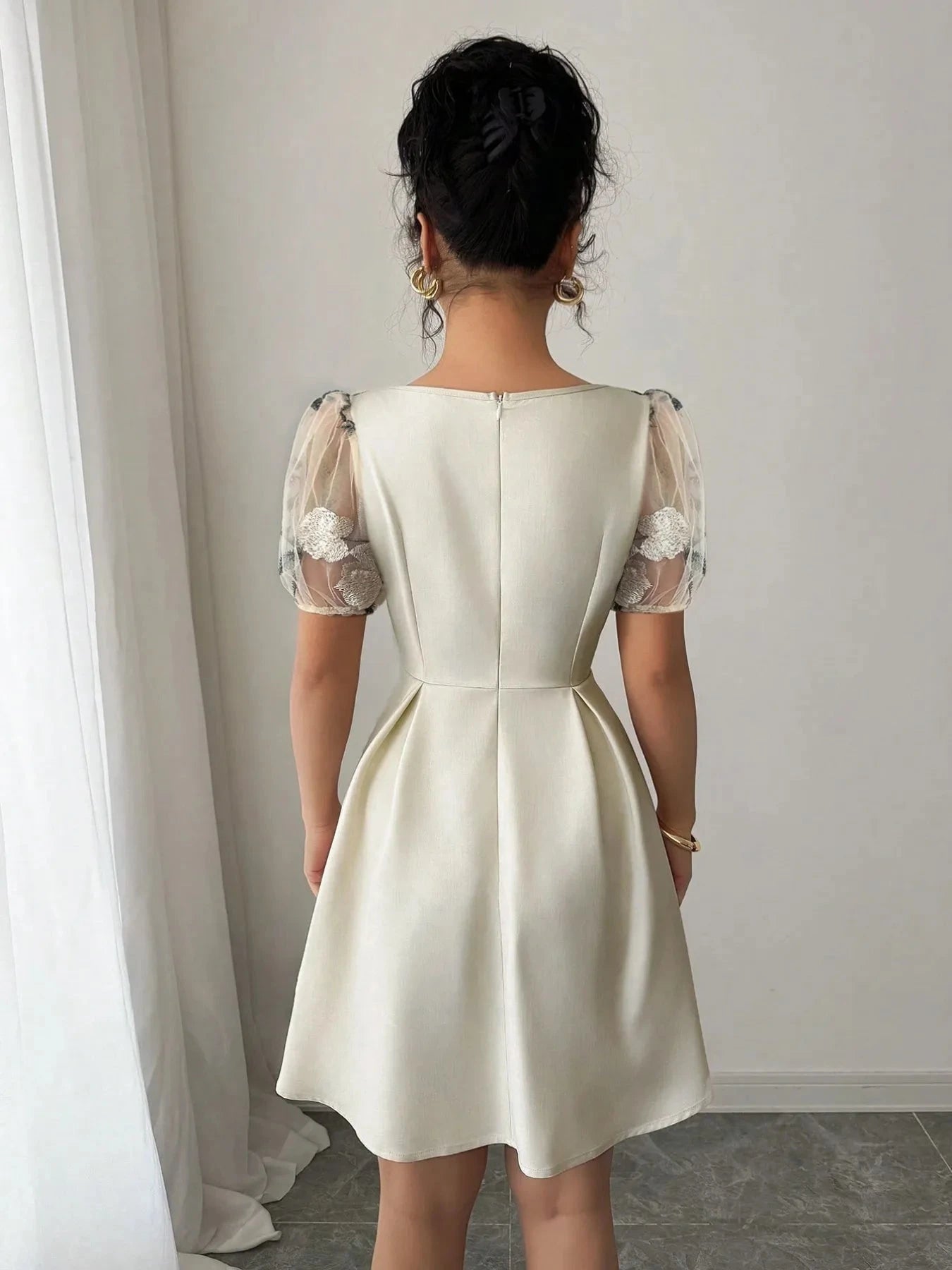 Square Neck Floral Sheer Sleeve Dress