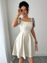 Square Neck Floral Sheer Sleeve Dress