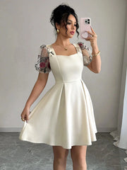 Square Neck Floral Sheer Sleeve Dress