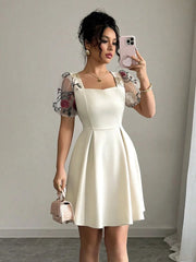 Square Neck Floral Sheer Sleeve Dress