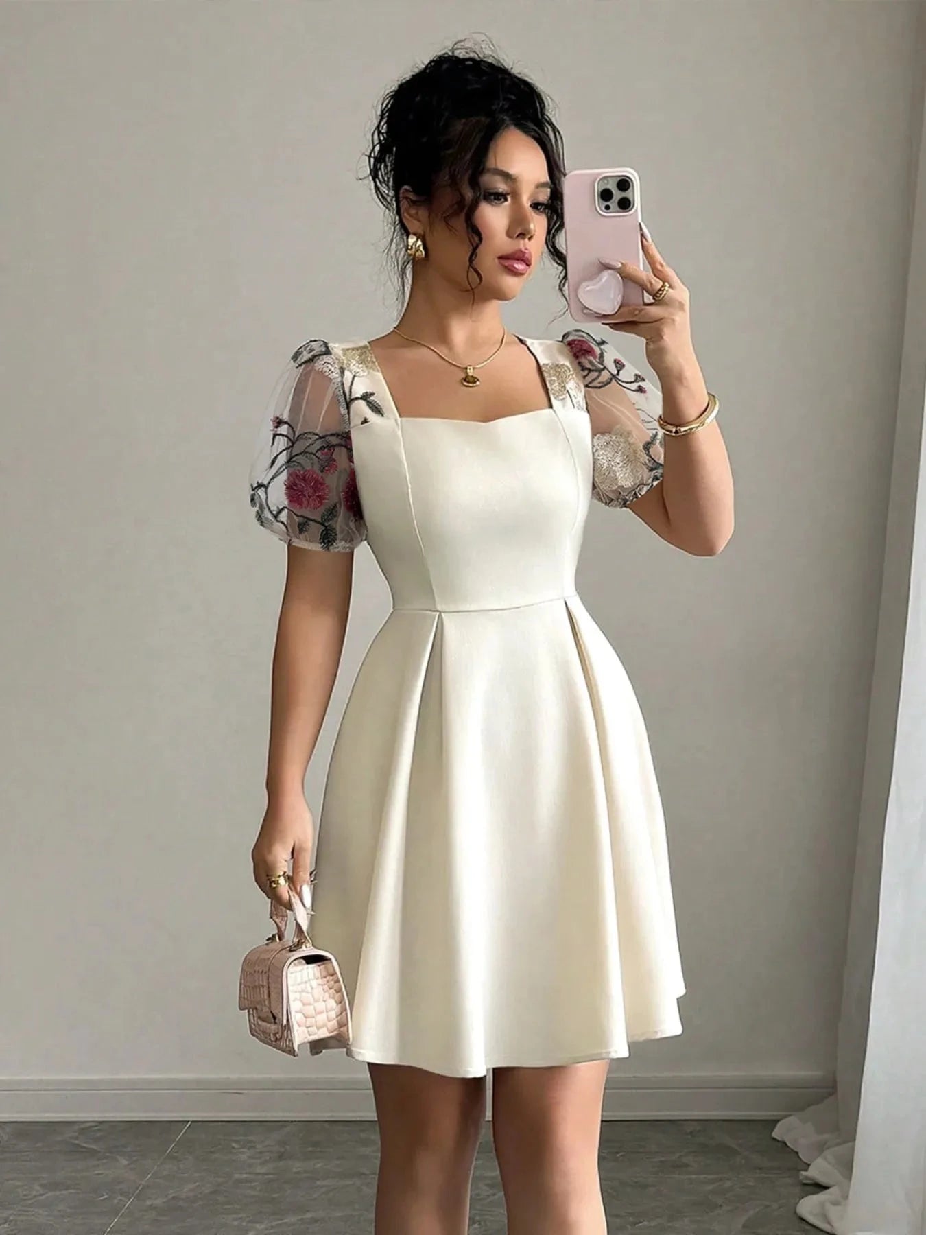 Square Neck Floral Sheer Sleeve Dress