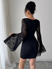 Square Neck Lace Bell Sleeve Bodycon Dress
