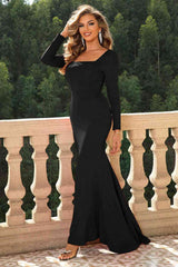 Square Neck Long Sleeve Dress Black / XS