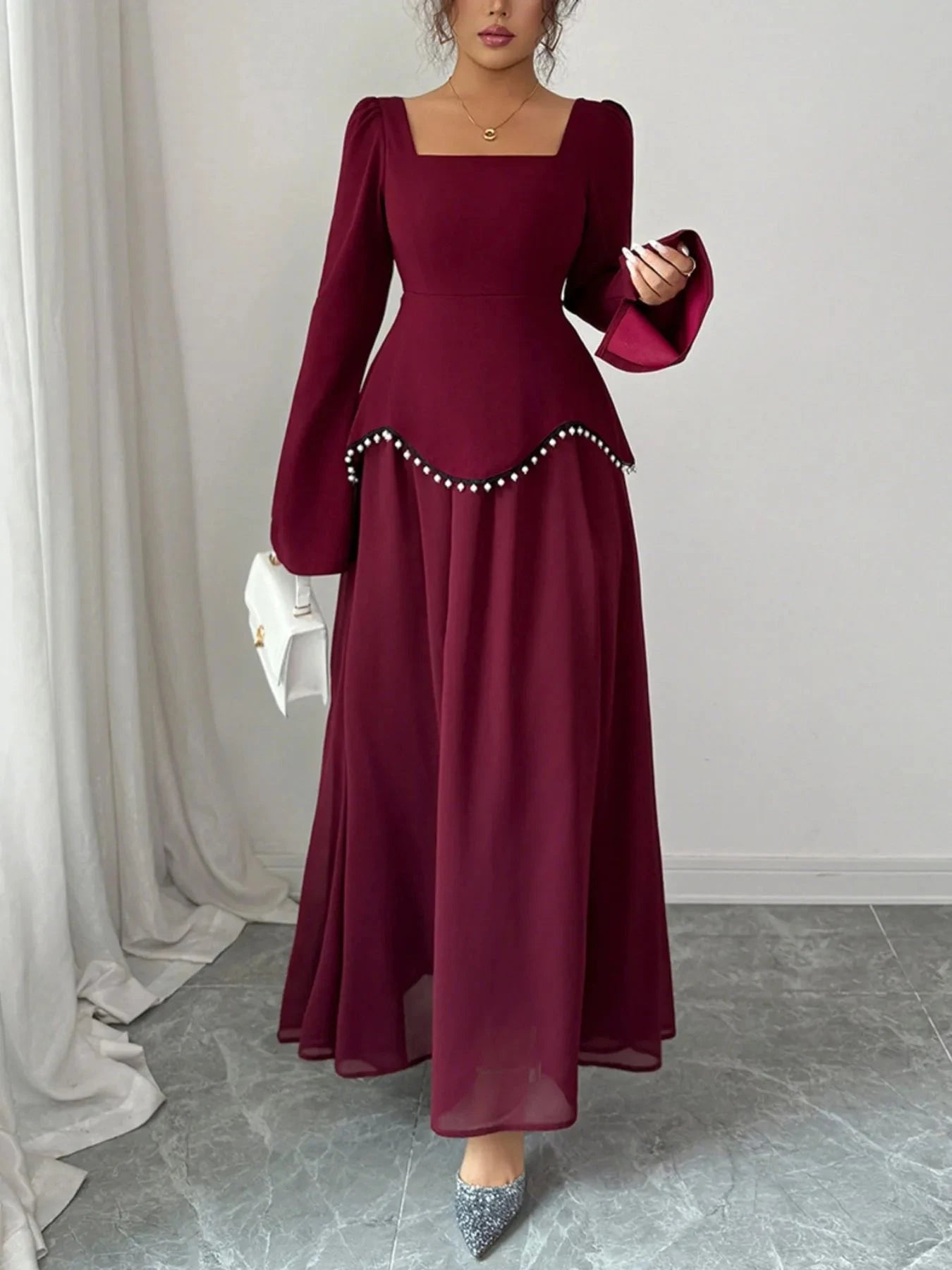 Square Neck Long Sleeve Maxi Dress