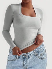 Square Neck Long Sleeve T-Shirt White Flower Ash / S