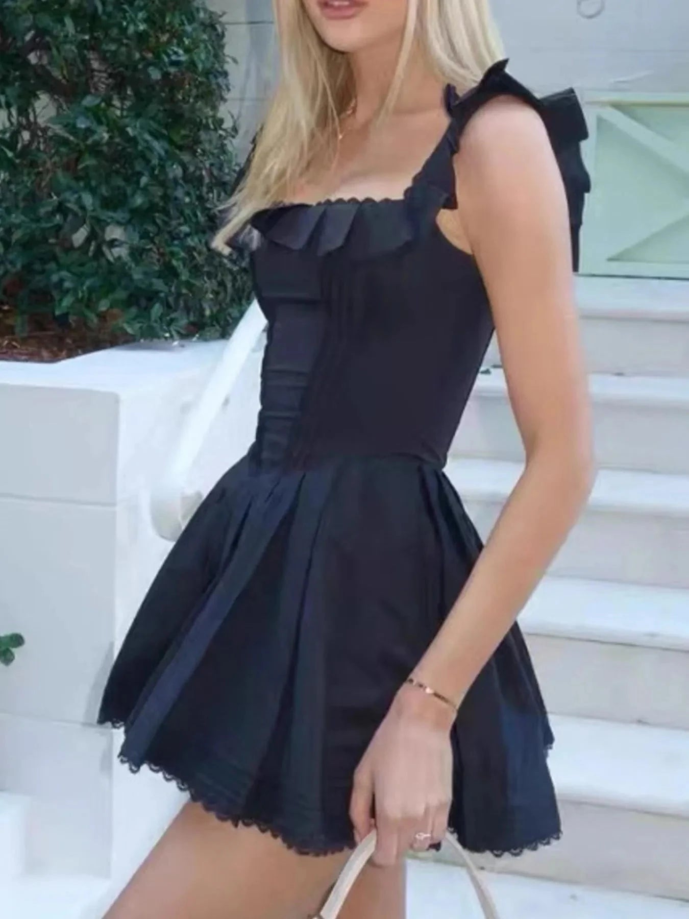 Square Neck Pleated Mini Dress