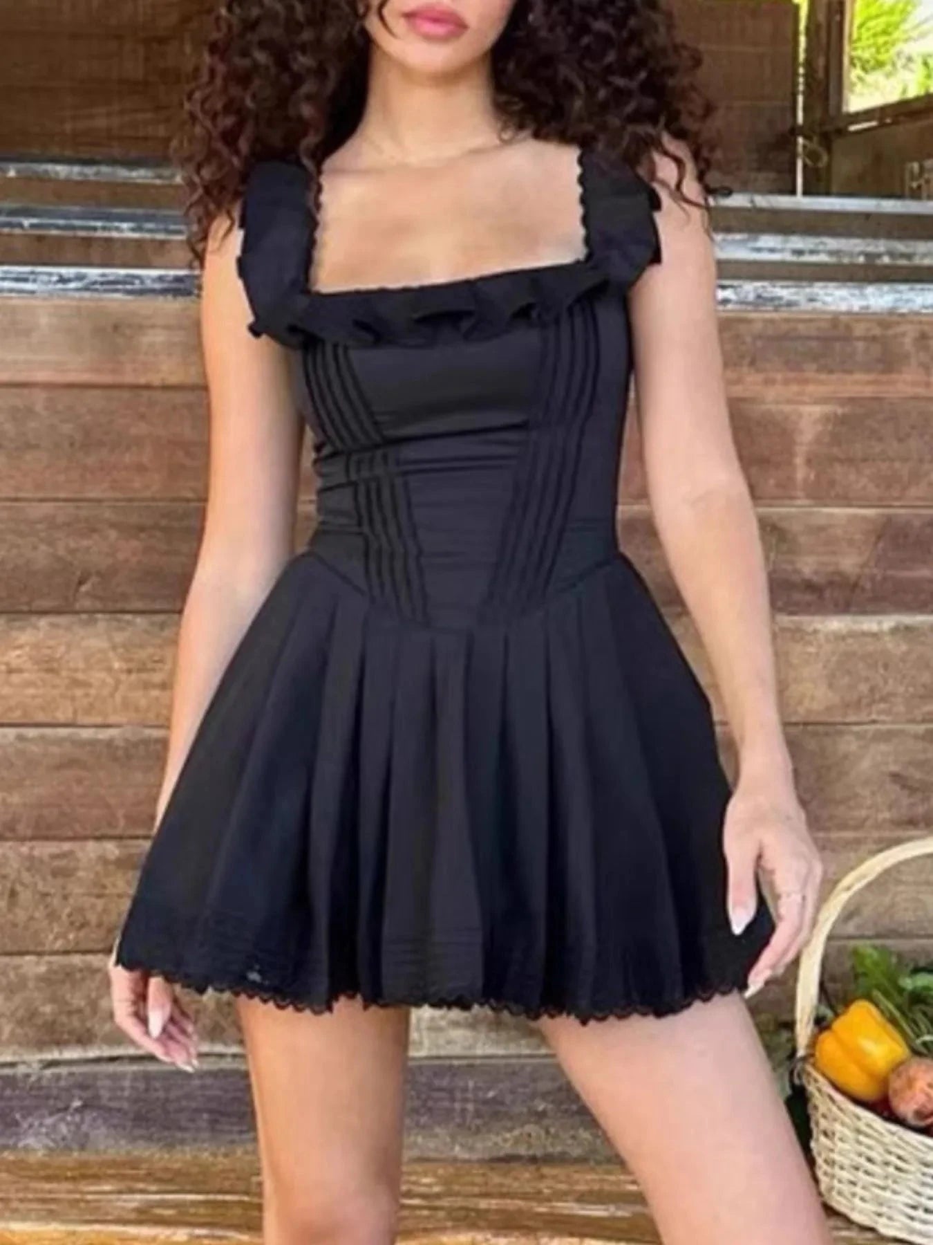 Square Neck Pleated Mini Dress