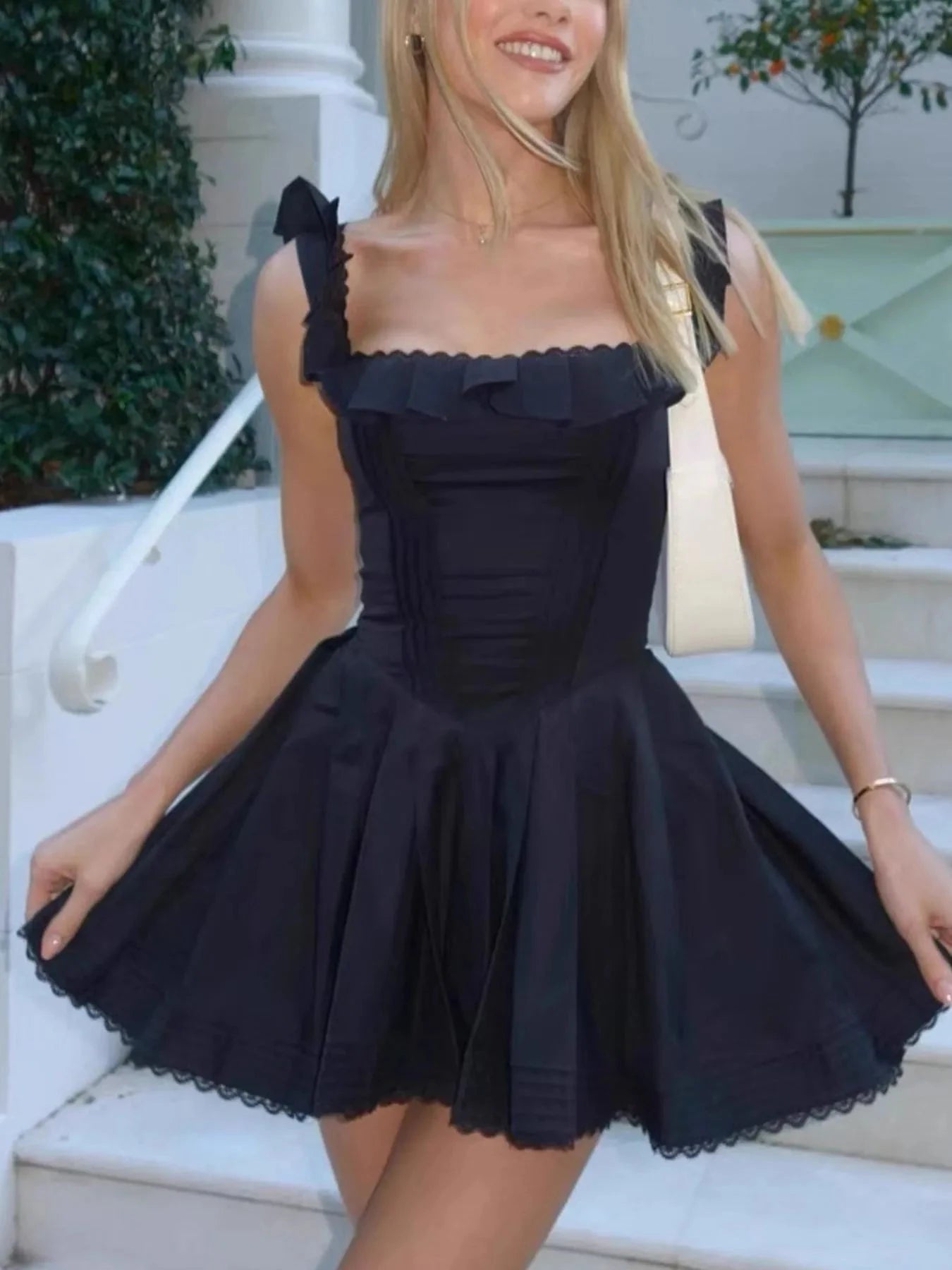 Square Neck Pleated Mini Dress