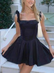 Square Neck Pleated Mini Dress