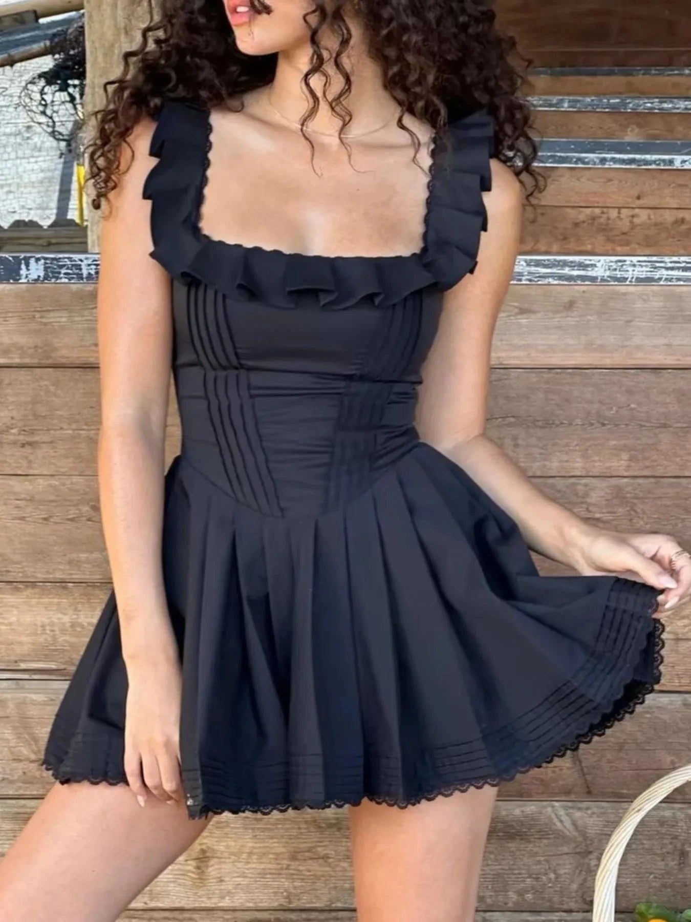 Square Neck Pleated Mini Dress Black / S