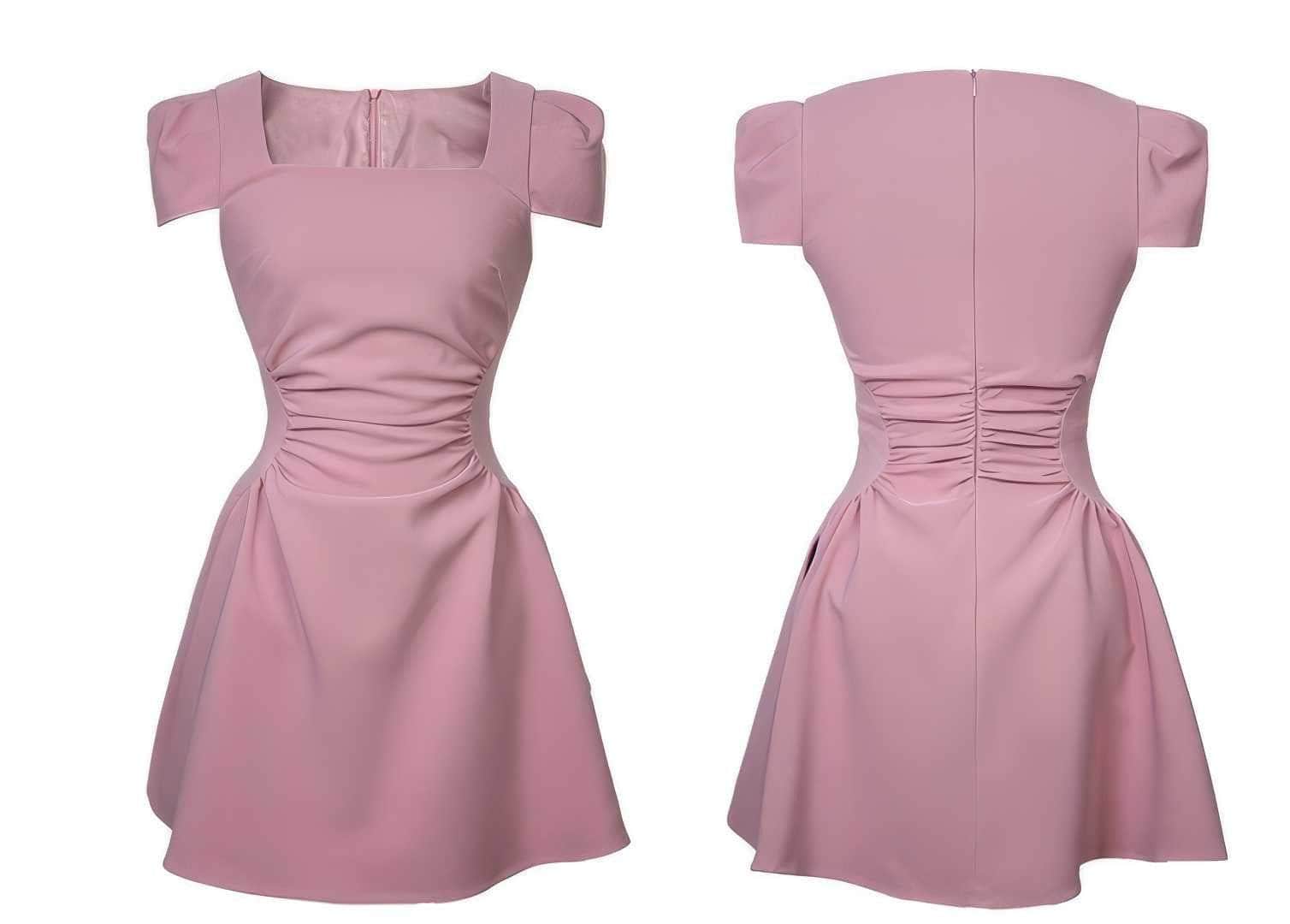 Square Neck Pleated Mini Skater Dress