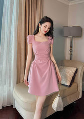 Square Neck Pleated Mini Skater Dress
