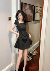 Square Neck Pleated Mini Skater Dress