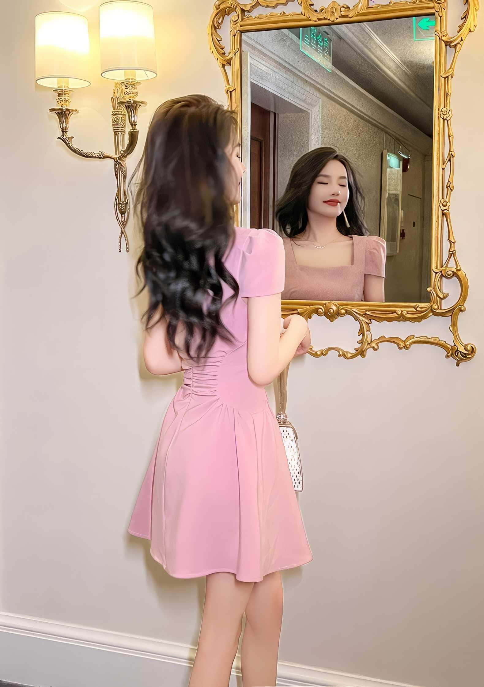 Square Neck Pleated Mini Skater Dress