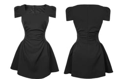 Square Neck Pleated Mini Skater Dress