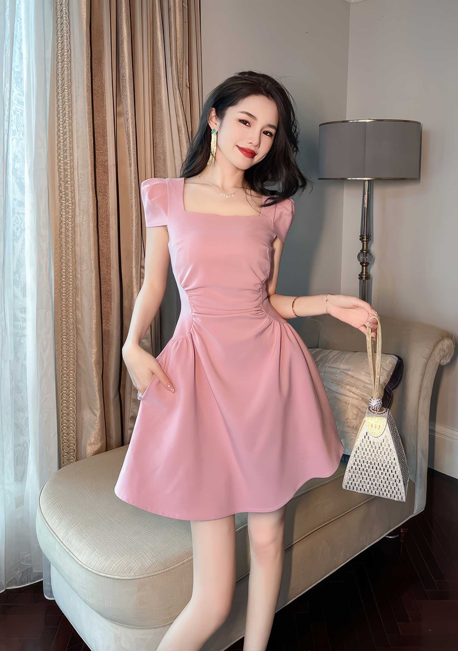 Square Neck Pleated Mini Skater Dress