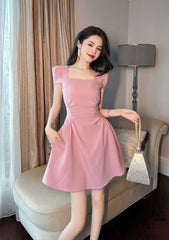 Square Neck Pleated Mini Skater Dress