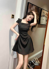 Square Neck Pleated Mini Skater Dress