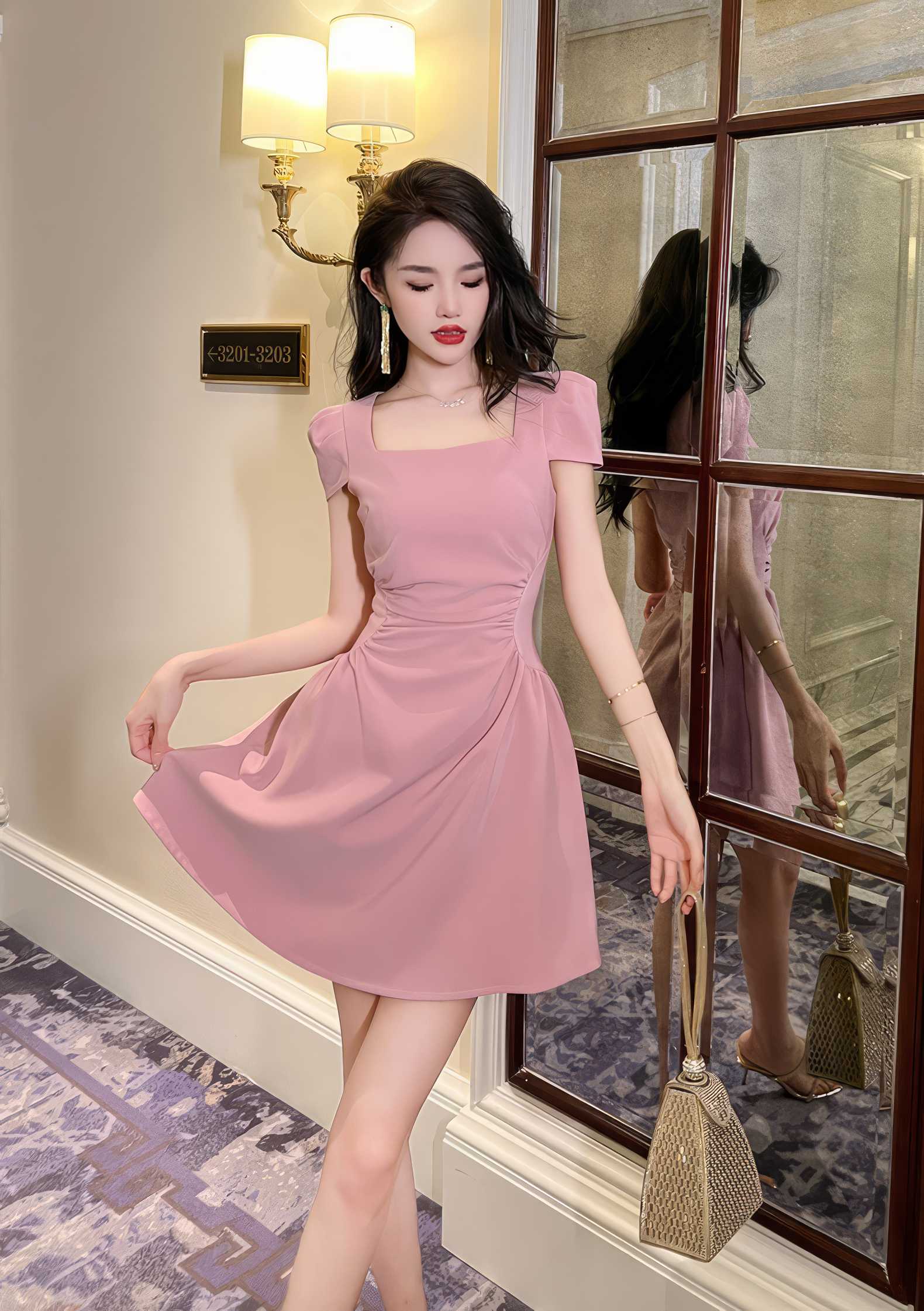 Square Neck Pleated Mini Skater Dress