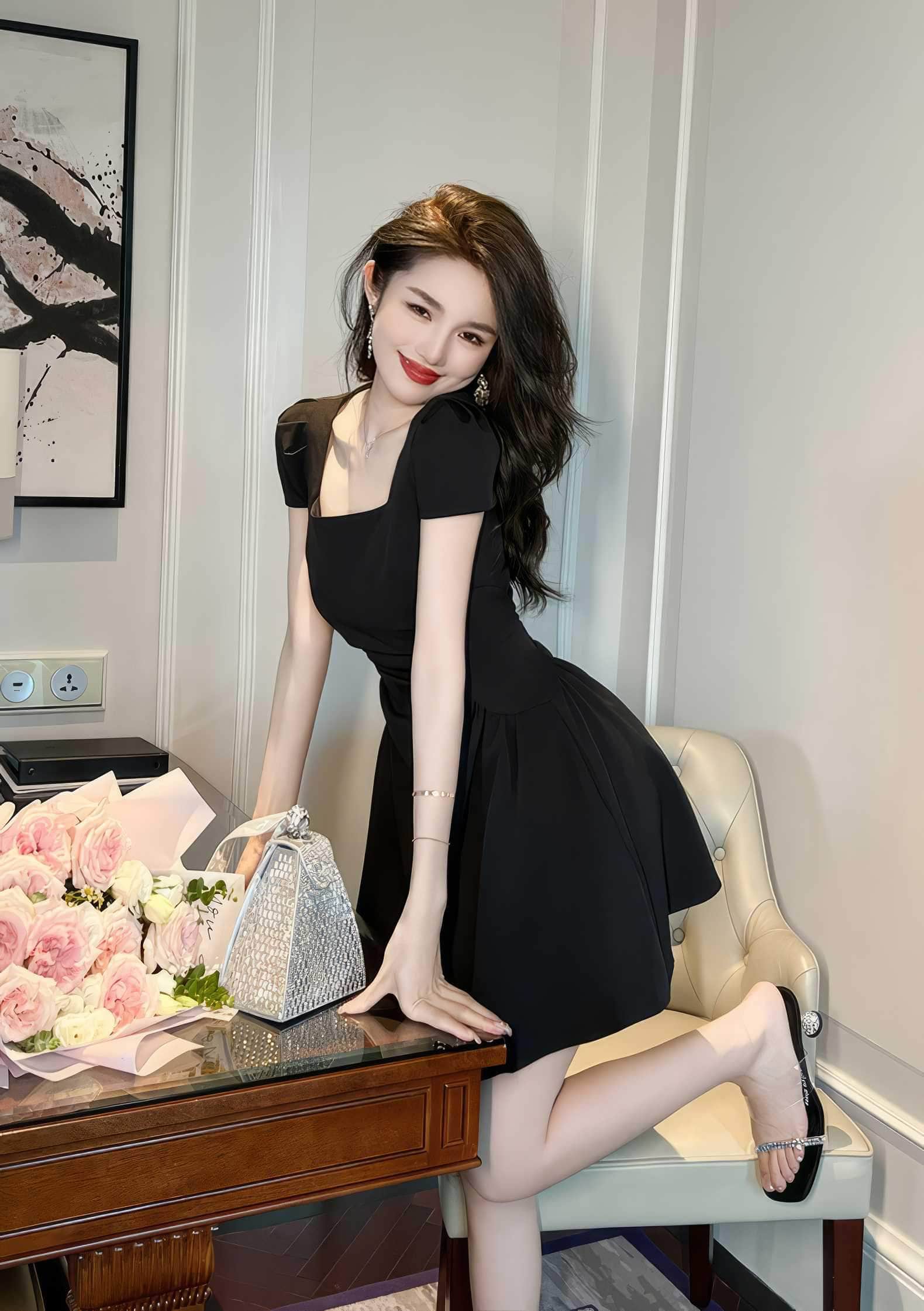 Square Neck Pleated Mini Skater Dress