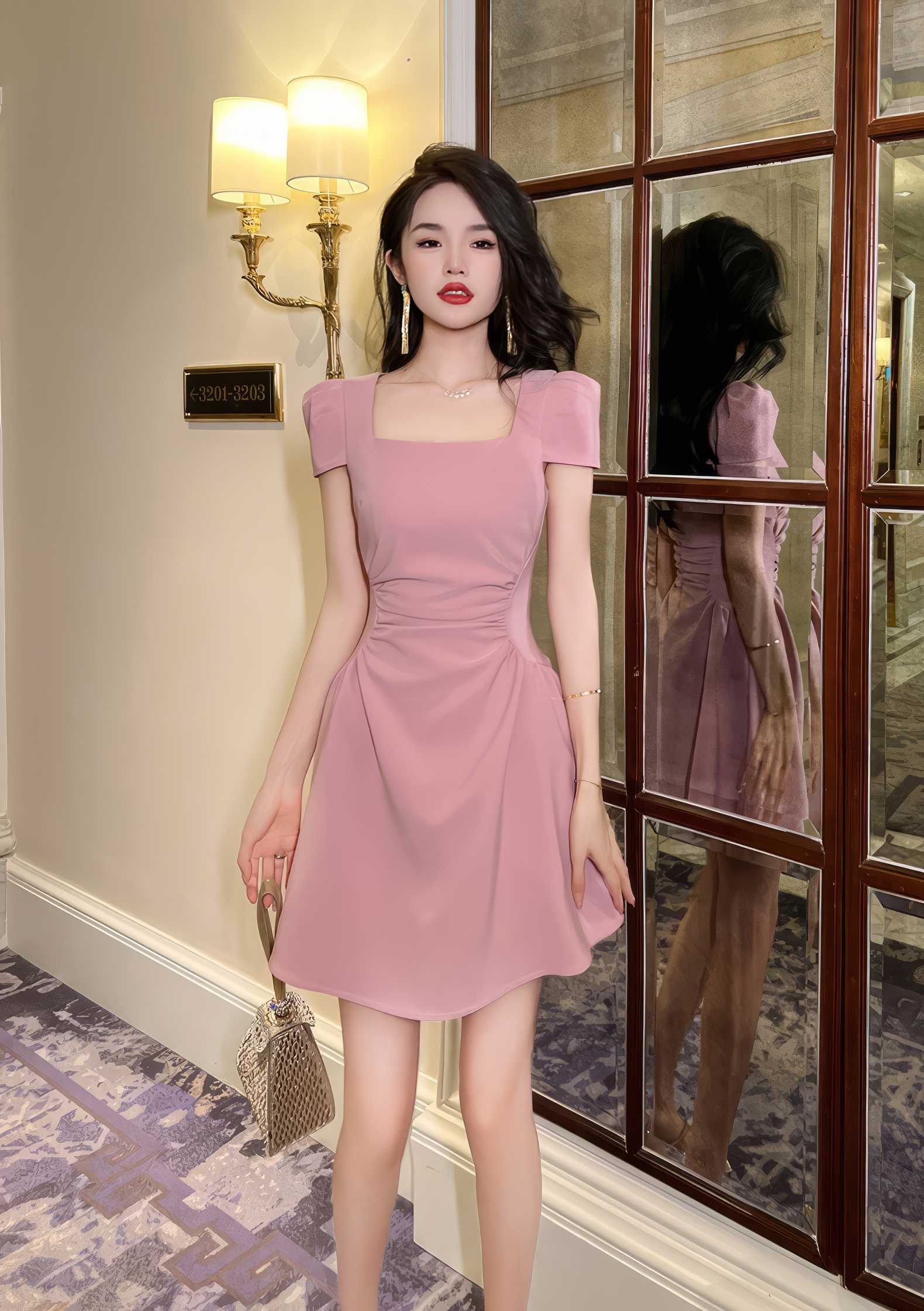 Square Neck Pleated Mini Skater Dress S / Pink