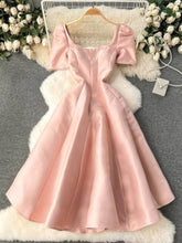 Square Neck Puff Shoulders Aline Satin Dress S / LightPink