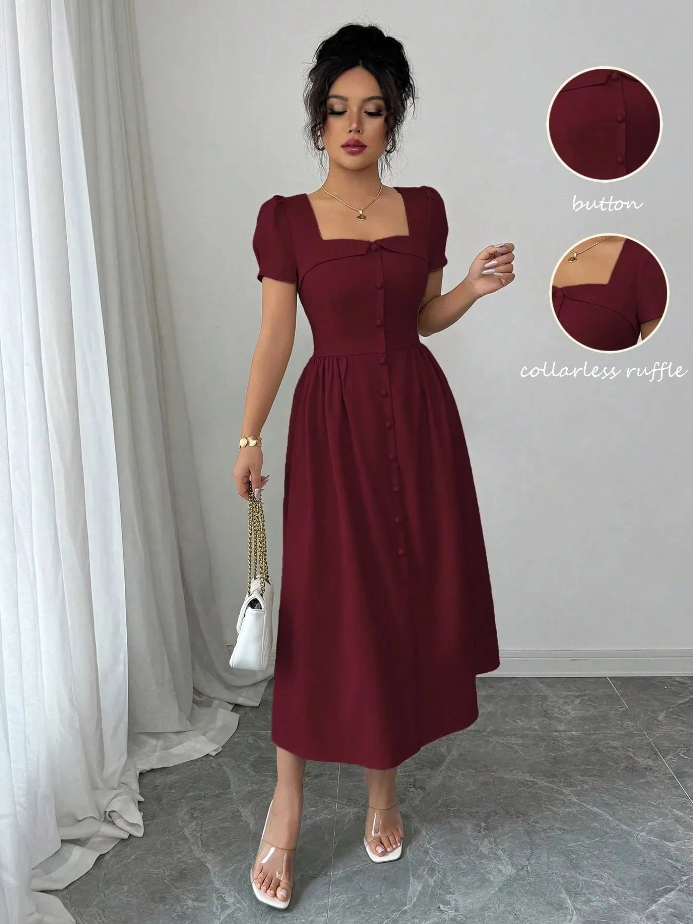 Square Neck Puff Sleeve Midi Dress