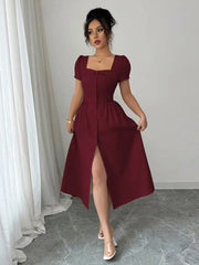 Square Neck Puff Sleeve Midi Dress