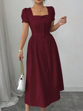 Square Neck Puff Sleeve Midi Dress Burgundy / S