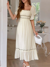 Square Neck Puff Sleeve Ruffle Trim Maxi Dress Apricot / S