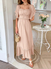 Square Neck Puff Sleeve Ruffle Trim Maxi Dress Coral / S