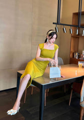Square Neck Ribbed Bodycon Dress