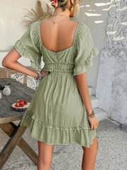 Square Neck Ruffle Trim Mini Dress